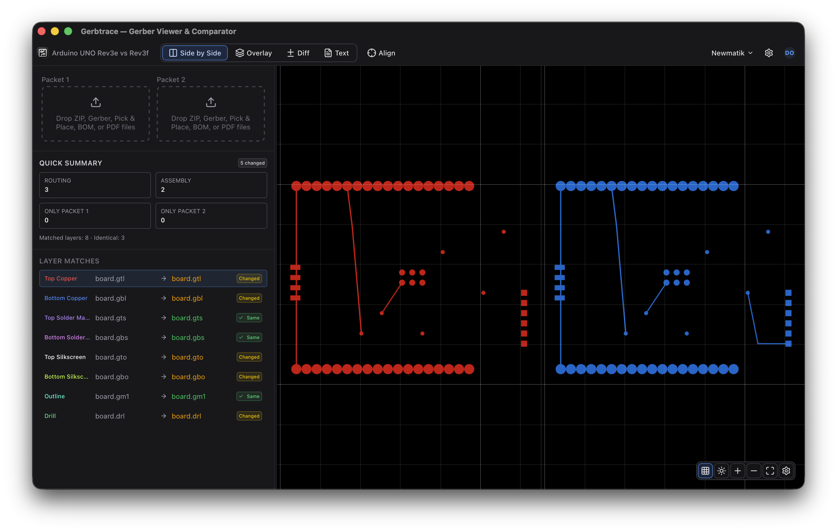 Gerbtrace PCB revision comparison