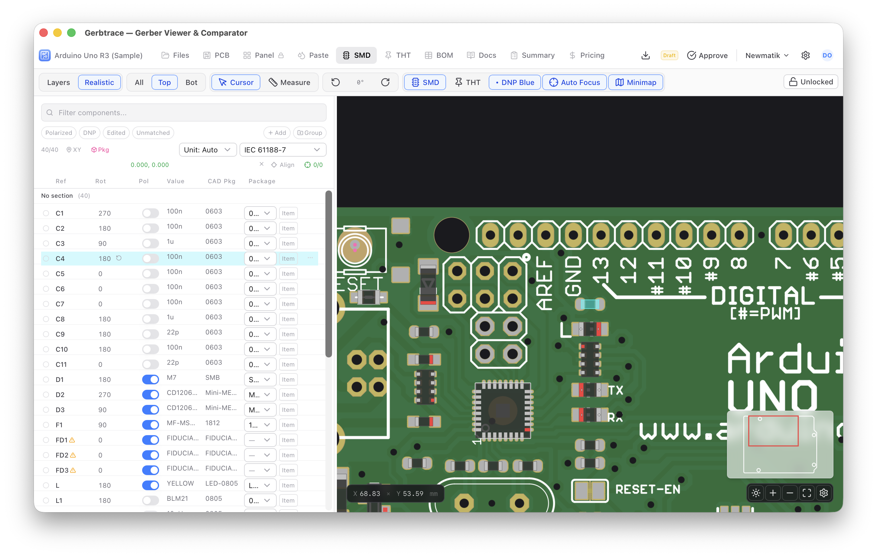 Gerbtrace component placement visualization